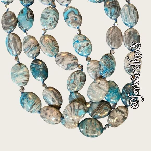 Triple Strand Polished Blue Agate Stone Necklace - Picture 11 of 13